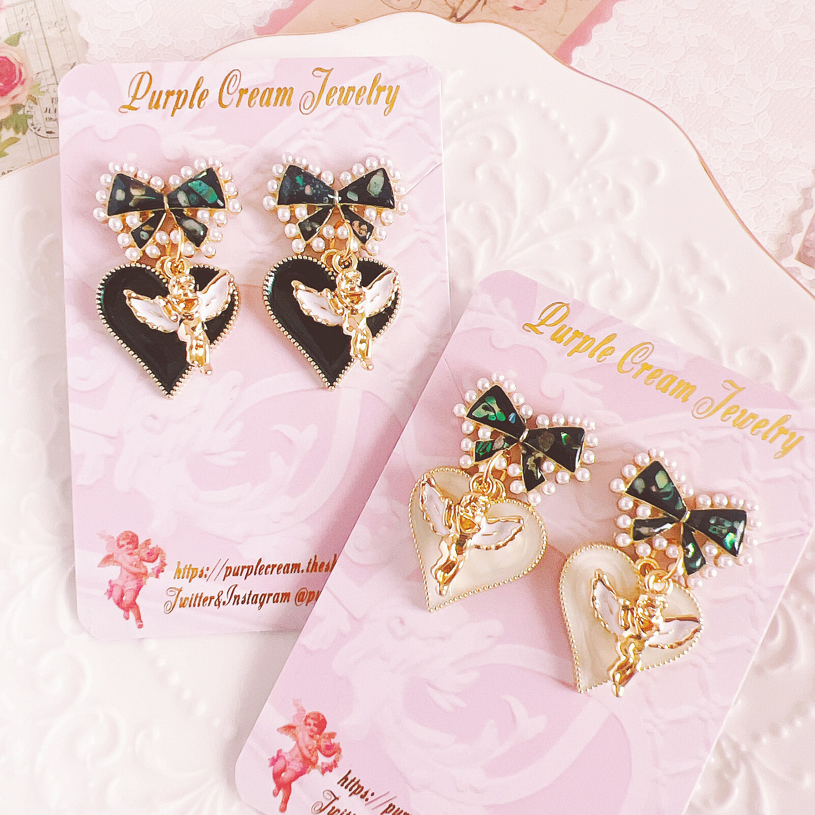 Black Pearl Ribbon Earrings with Angel & Heart Charms - Image 10