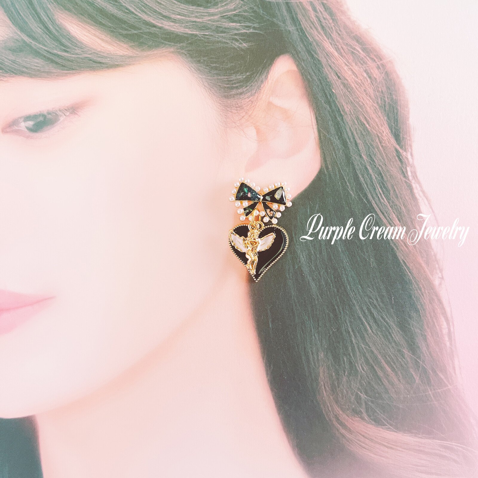 Black Pearl Ribbon Earrings with Angel & Heart Charms - Image 8