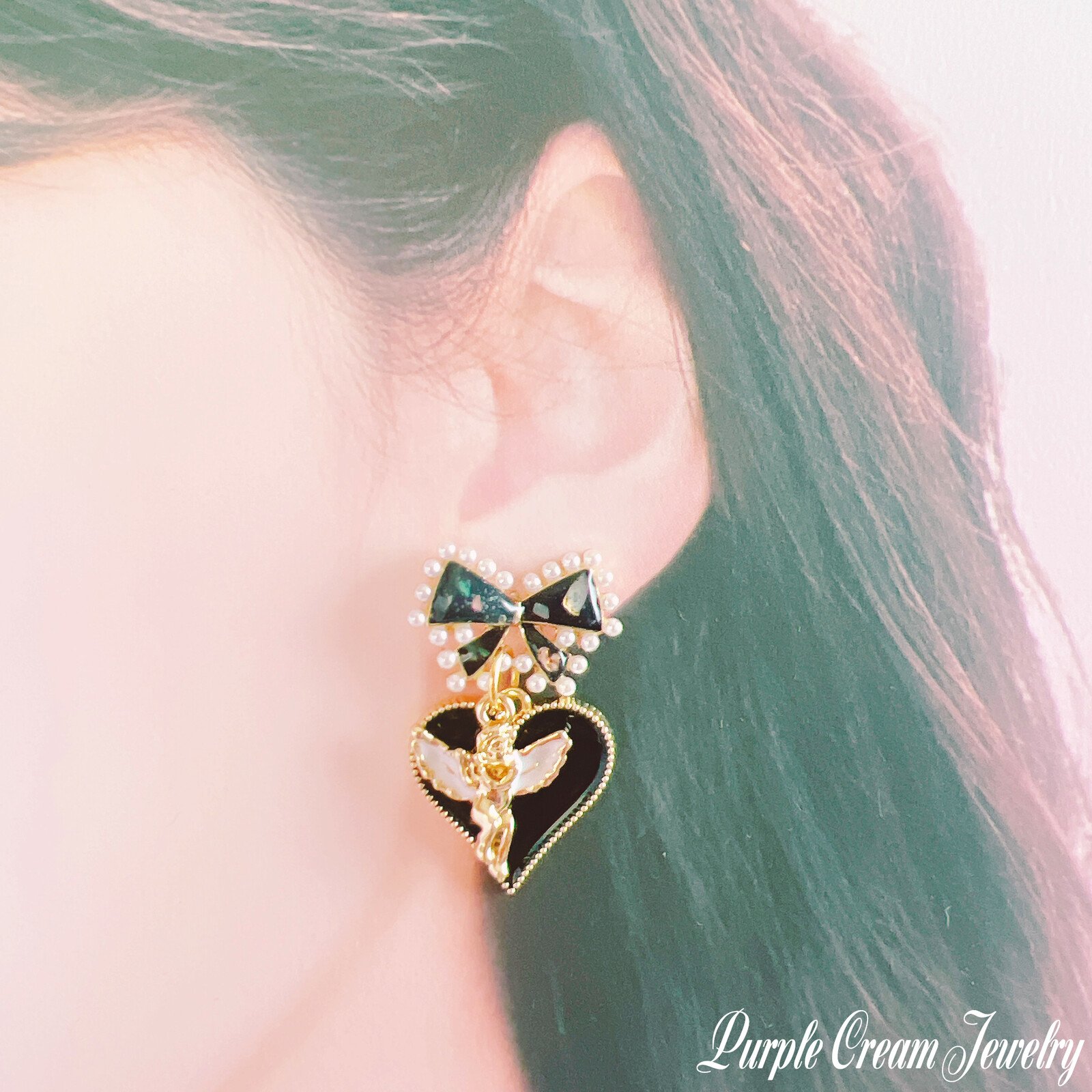 Black Pearl Ribbon Earrings with Angel & Heart Charms - Image 9