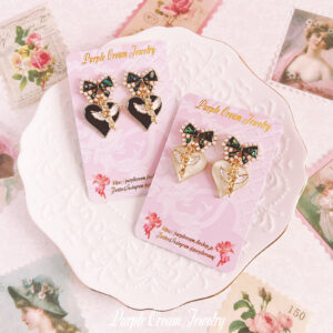 Black Pearl Ribbon Earrings with Angel & Heart Charms