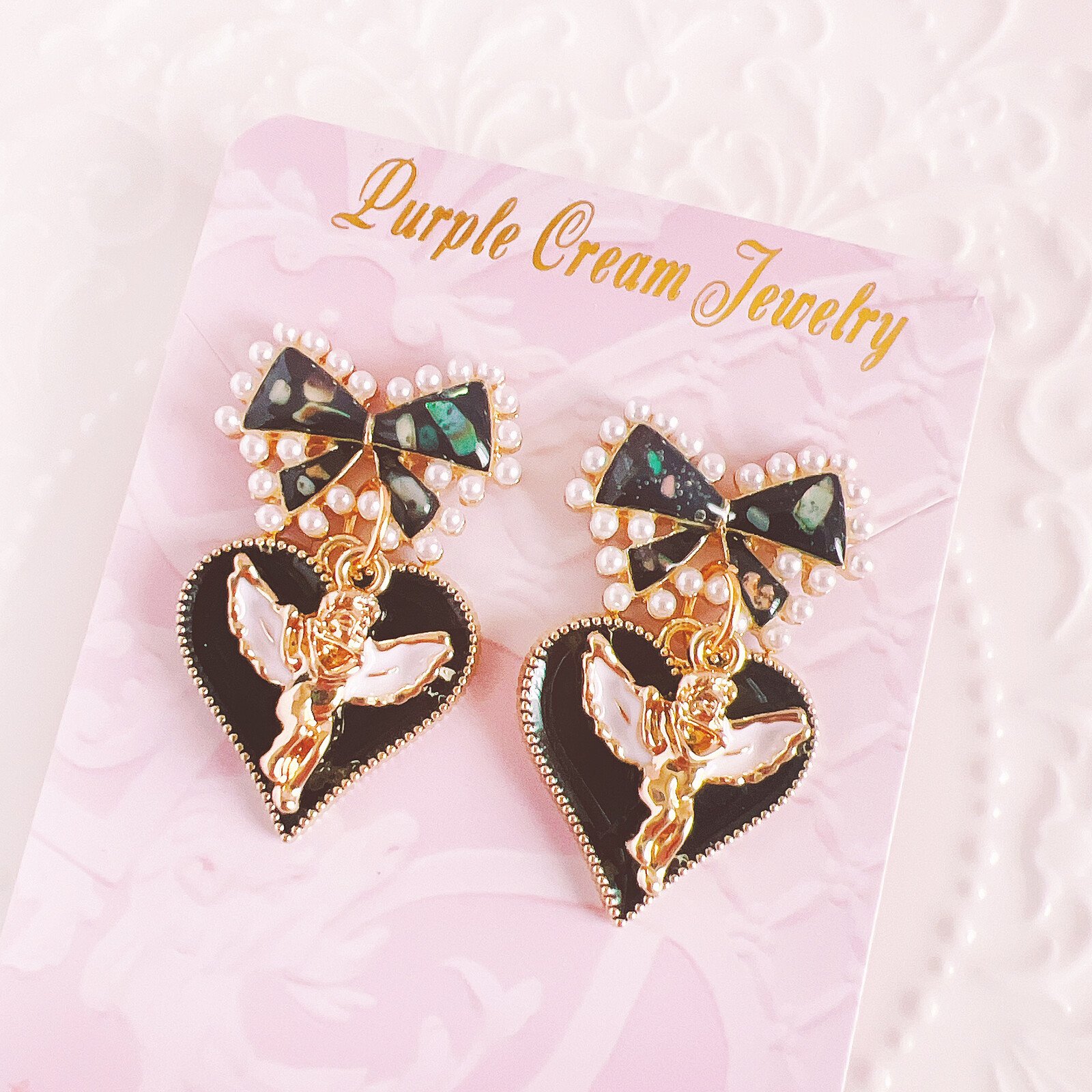 Black Pearl Ribbon Earrings with Angel & Heart Charms - Image 2