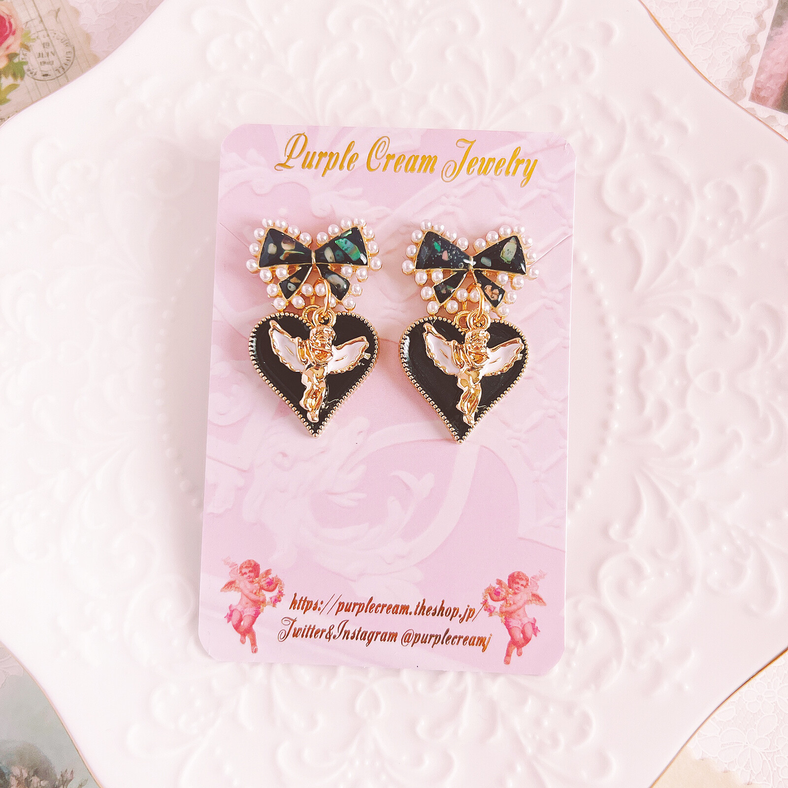 Black Pearl Ribbon Earrings with Angel & Heart Charms - Image 3