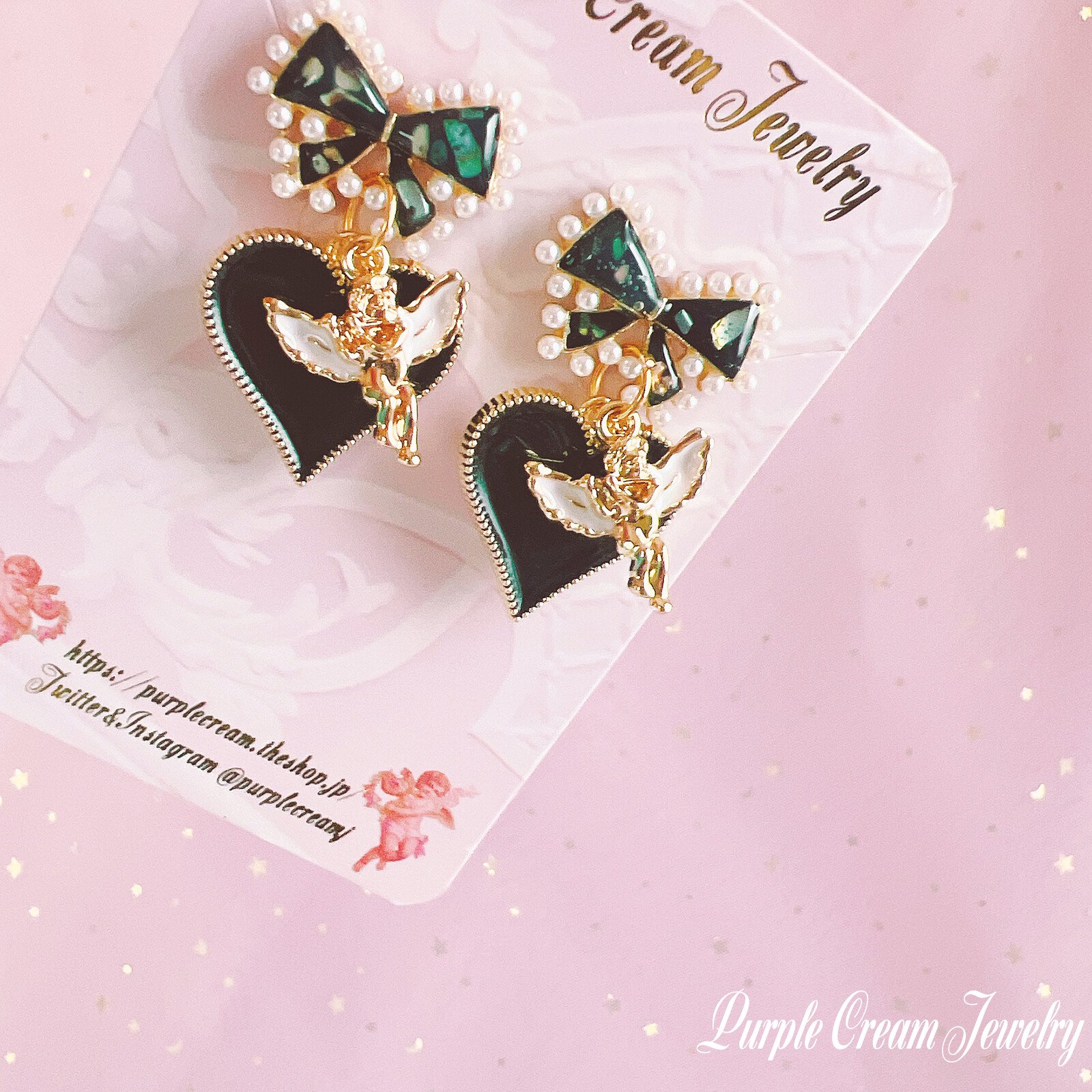 Black Pearl Ribbon Earrings with Angel & Heart Charms - Image 4