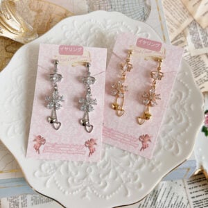 Earring: Clear Flower with Heart Chains