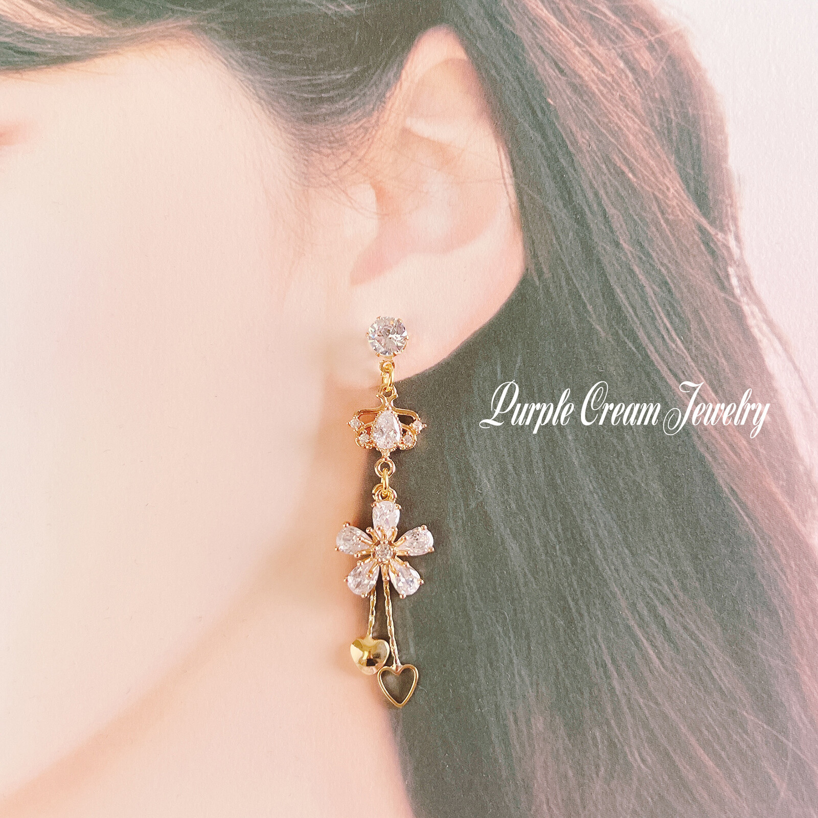 Earring: Clear Flower with Heart Chains - Image 5
