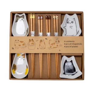 Urban Tokyo | Cat Chopsticks & Sauce Dish Gift Set | 8-Piece Set