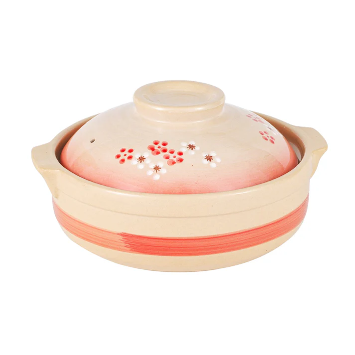 Pink Plum Blossom Donabe Claypot | 74 fl oz | 10" | Traditional Clay Hot Pot