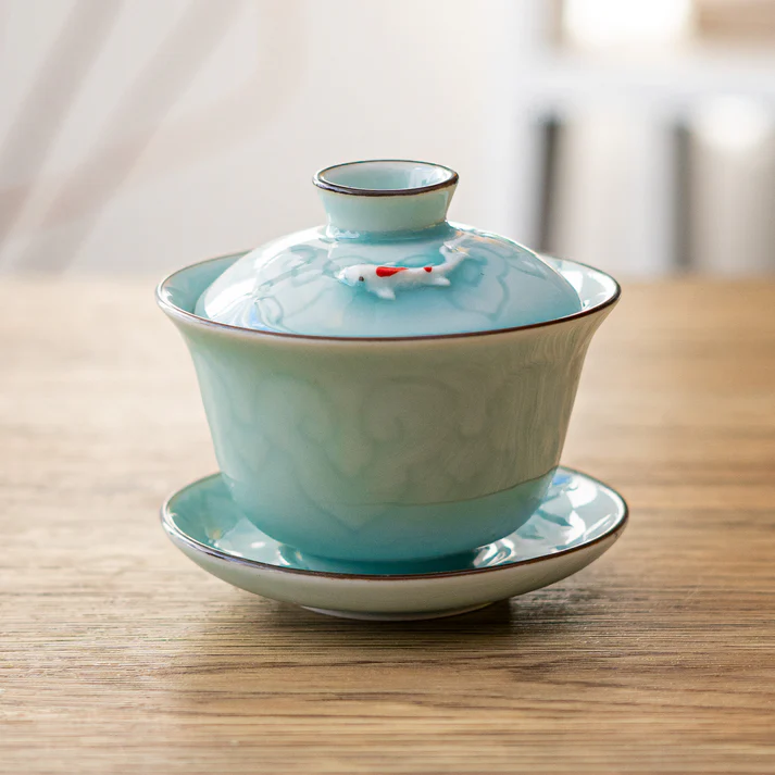 Urban Tokyo | Gaiwan Tea Brewing Cup with Lid | Celadon Koi Fish Design | 5oz