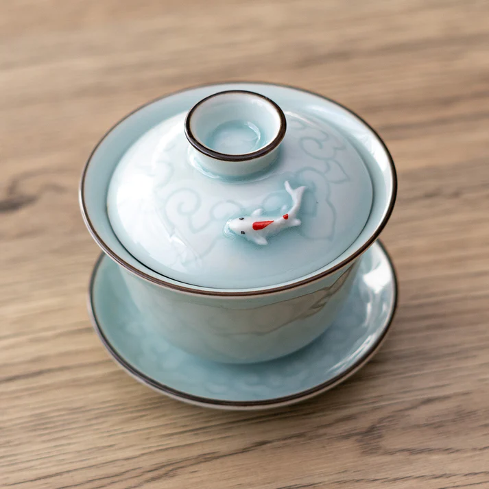 Urban Tokyo | Gaiwan Tea Brewing Cup with Lid | Celadon Koi Fish Design | 5oz - Image 3