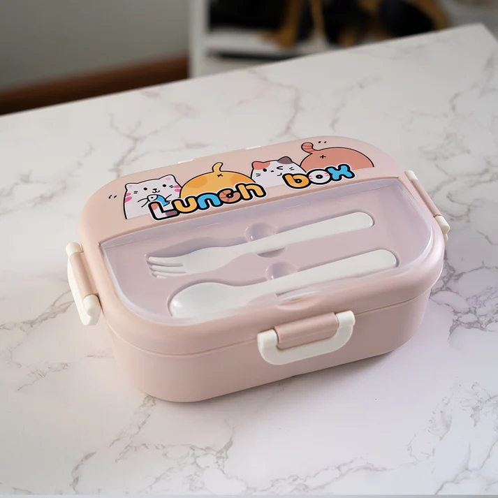 Cute Cat Compartment Lunch Box | 3-Section Bento with Utensils
