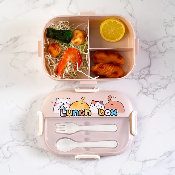 Cute Cat Compartment Lunch Box | 3-Section Bento with Utensils - Image 2