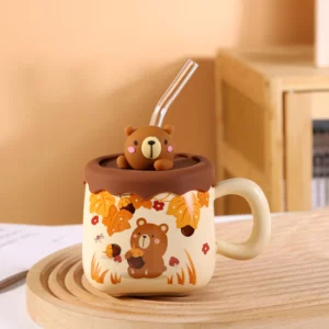 Urban Tokyo | Autumn Bear Mug | Stoneware Cup with Glass Straw & Bear Topper
