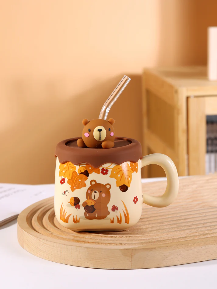 Urban Tokyo | Autumn Bear Mug | Stoneware Cup with Glass Straw & Bear Topper