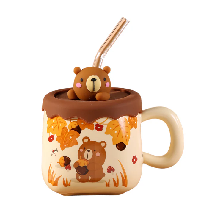 Urban Tokyo | Autumn Bear Mug | Stoneware Cup with Glass Straw & Bear Topper - Image 3