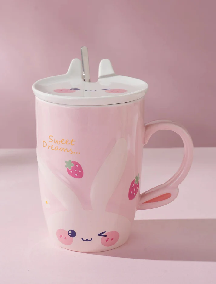 Urban Tokyo | Sweet Dreams Bunny Mug Set | Pink Ceramic with Lid & Spoon