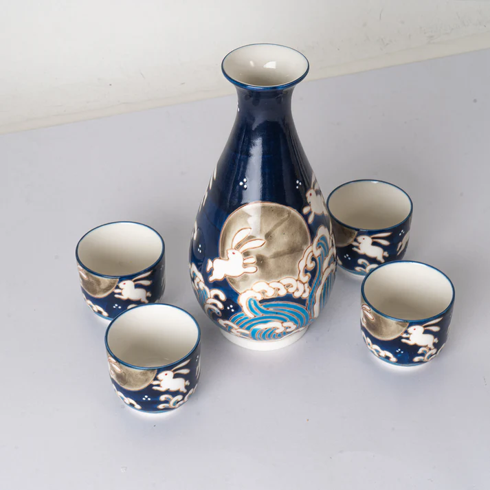 Urban Tokyo | Blue Rabbit Moon Sake Set | 5-Piece Porcelain Set | Made in China - Image 2
