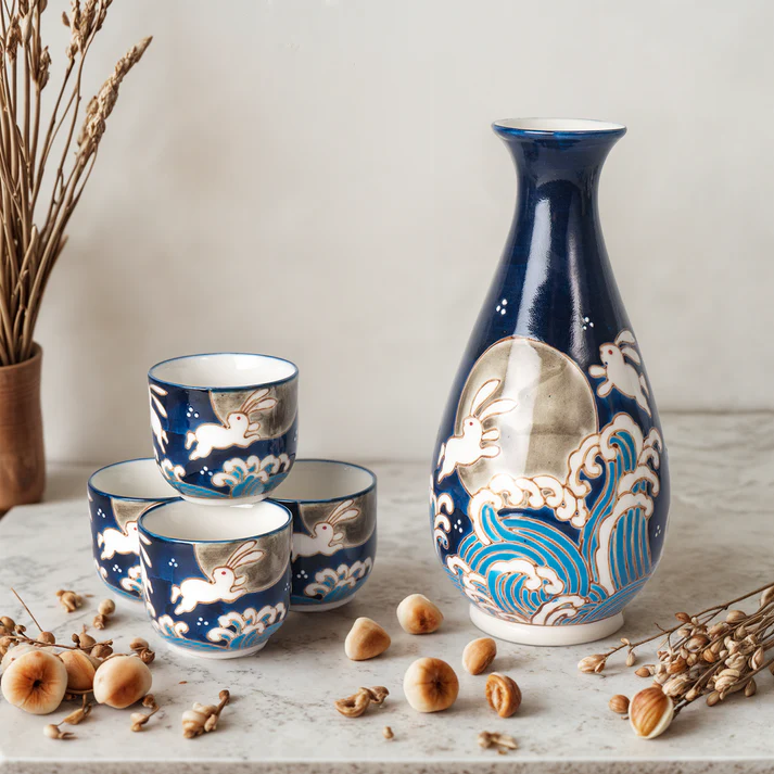 Urban Tokyo | Blue Rabbit Moon Sake Set | 5-Piece Porcelain Set | Made in China