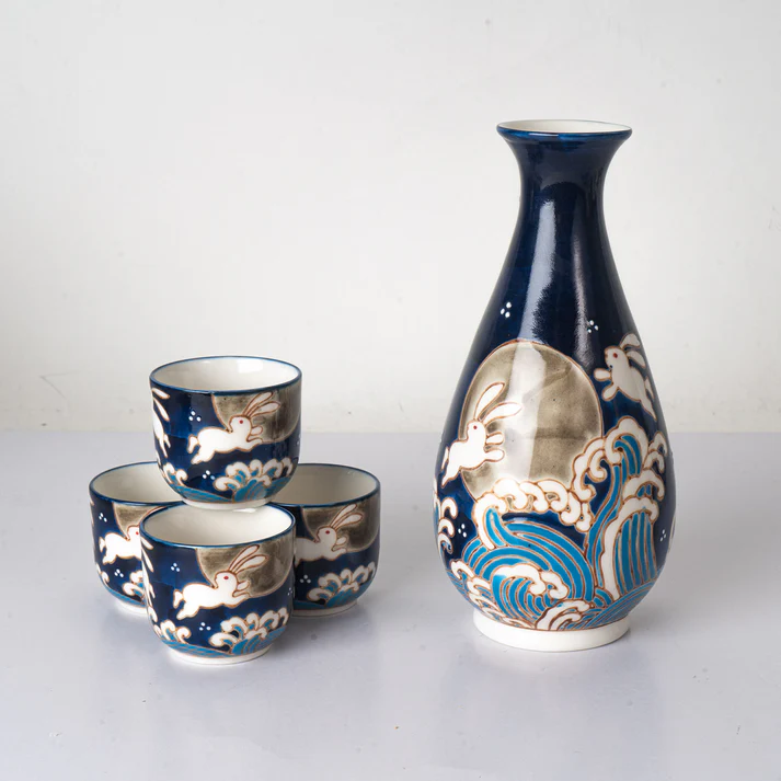Urban Tokyo | Blue Rabbit Moon Sake Set | 5-Piece Porcelain Set | Made in China - Image 3