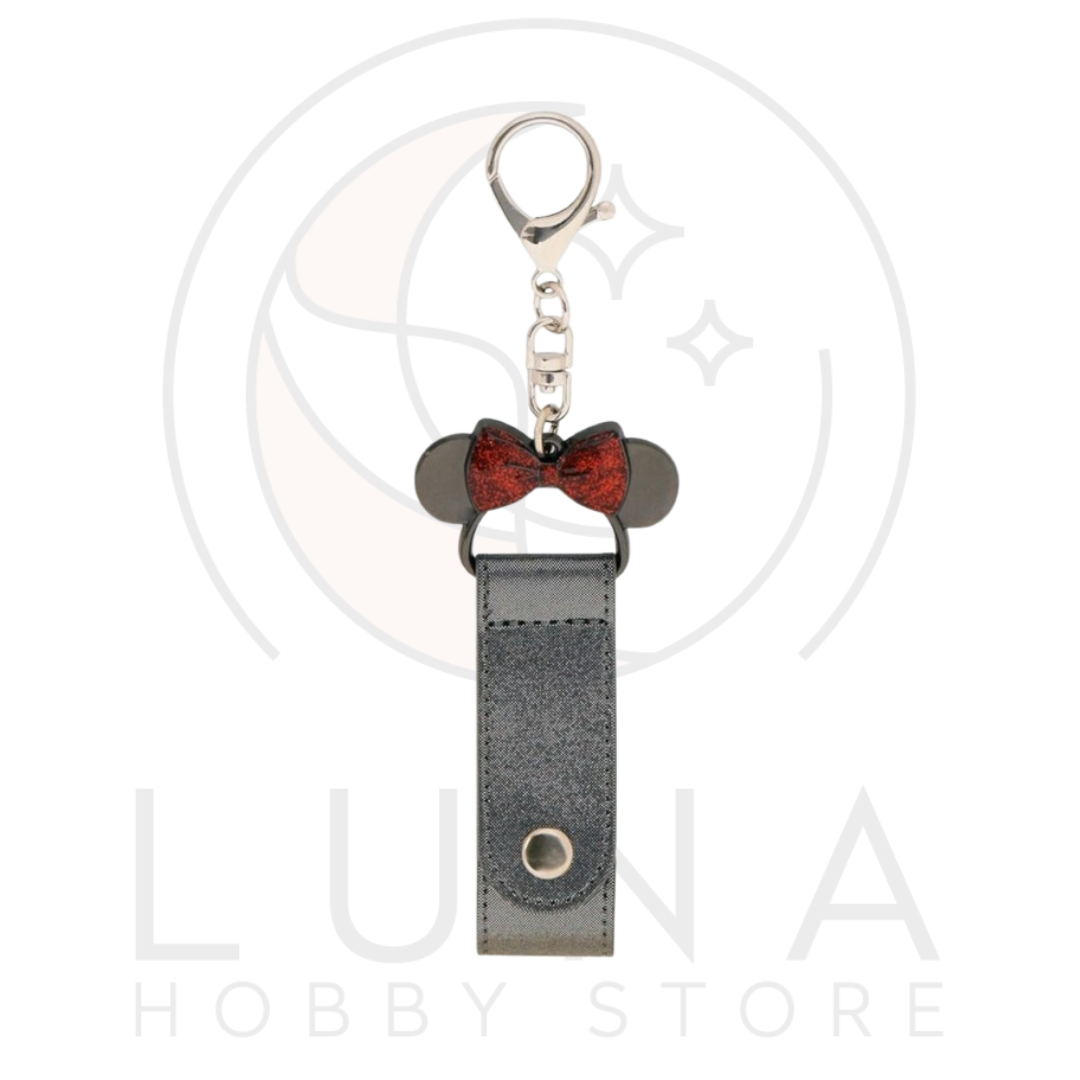 Tokyo Disney Resort | Minnie Mouse Headband Holder Keychain | Metallic Black with Red Glitter Bow
